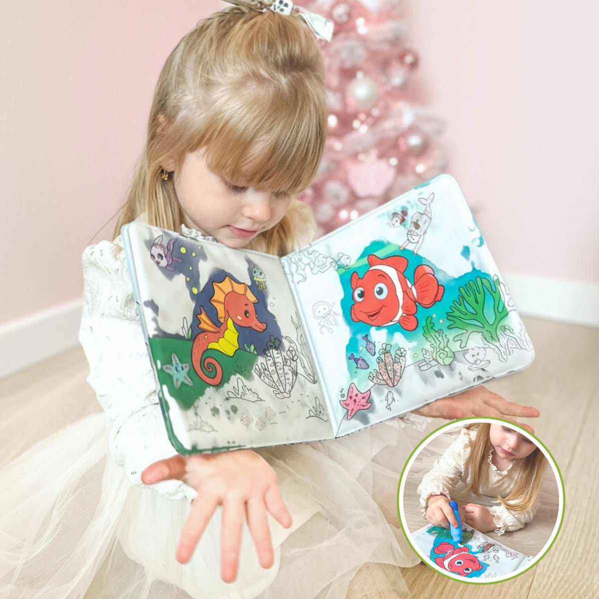 Colour appears as the child paints with water