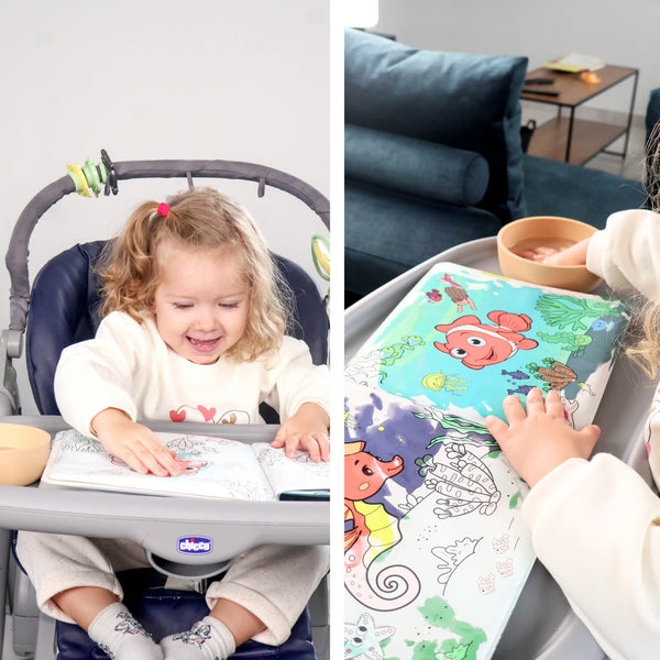 Toddler colouring in a high chair, no mess